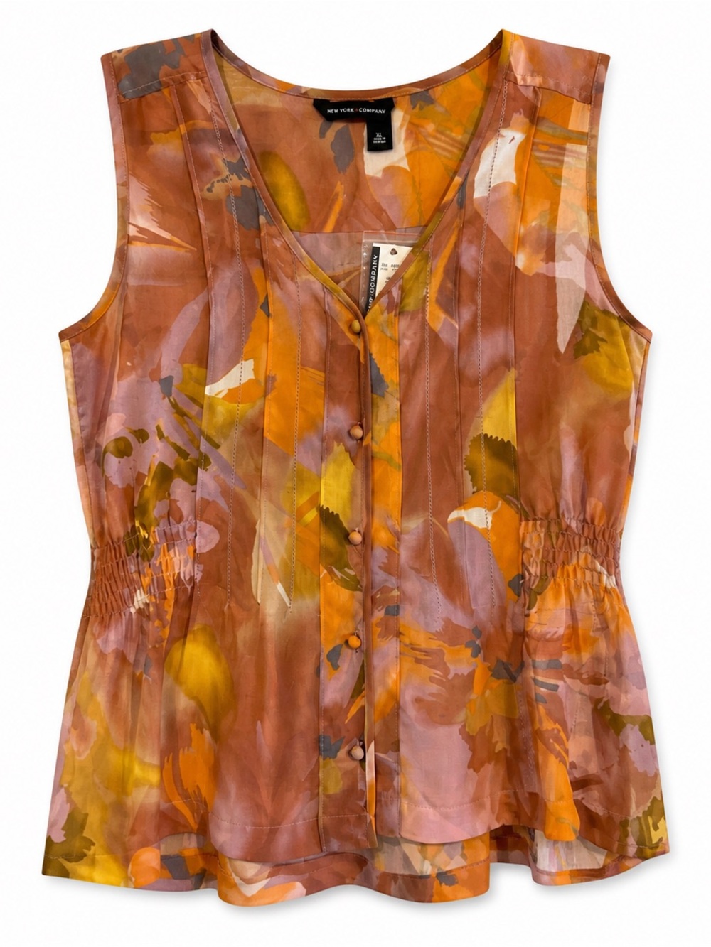 New York & Company Abstract Floral Pintuck Blouse XL NWT